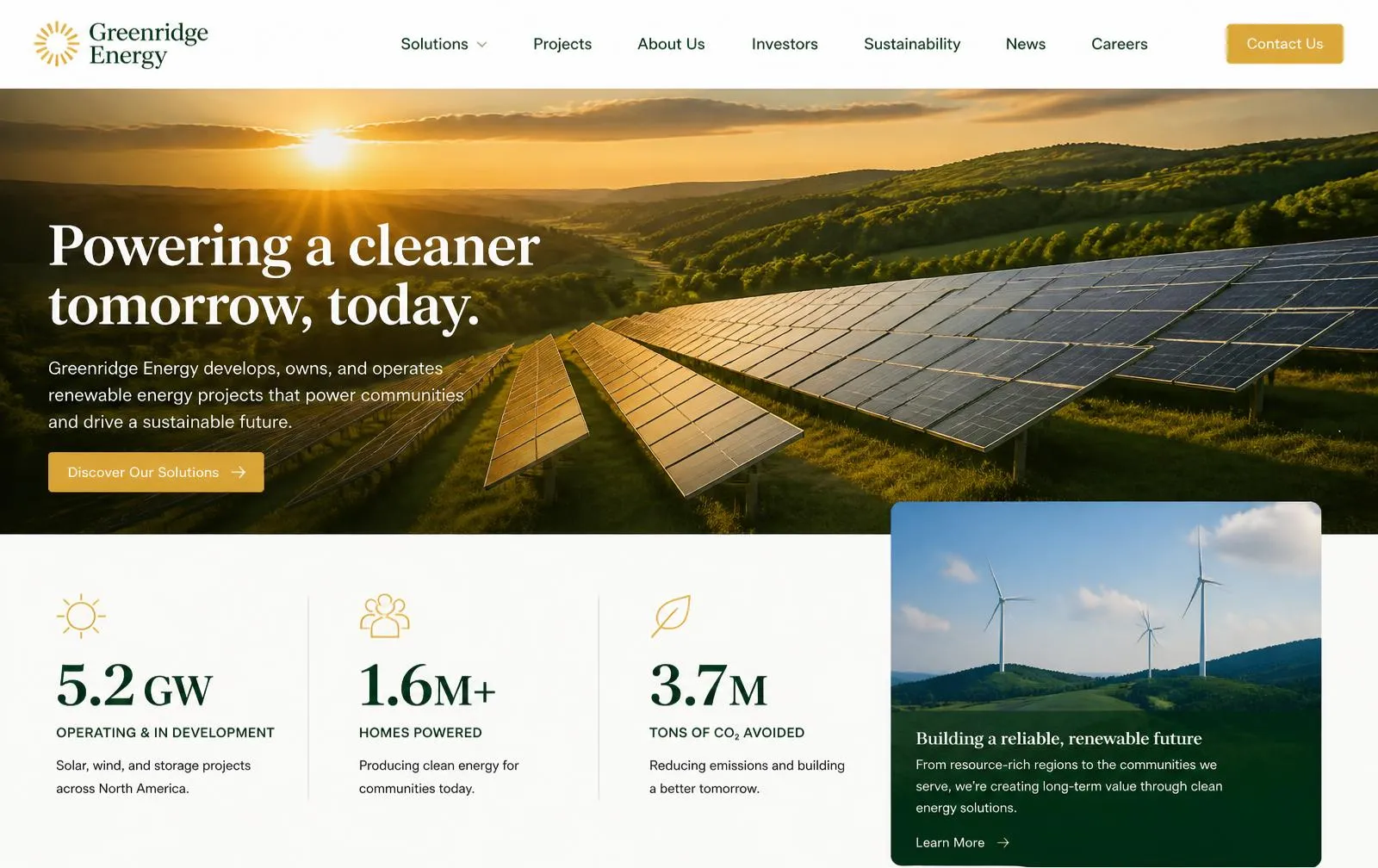 Solara Grid clean-energy concept website homepage with a golden-hour photograph of a hillside solar farm, gold call-to-action button, capacity statistics and a wind-turbine project card