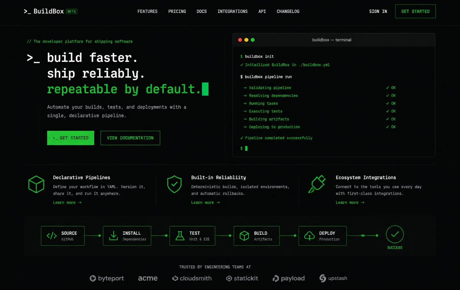 VectorOps concept developer-tools website homepage on a near-black theme with monospace type, neon green accents, a terminal window showing a passing build pipeline and a deployment flow diagram